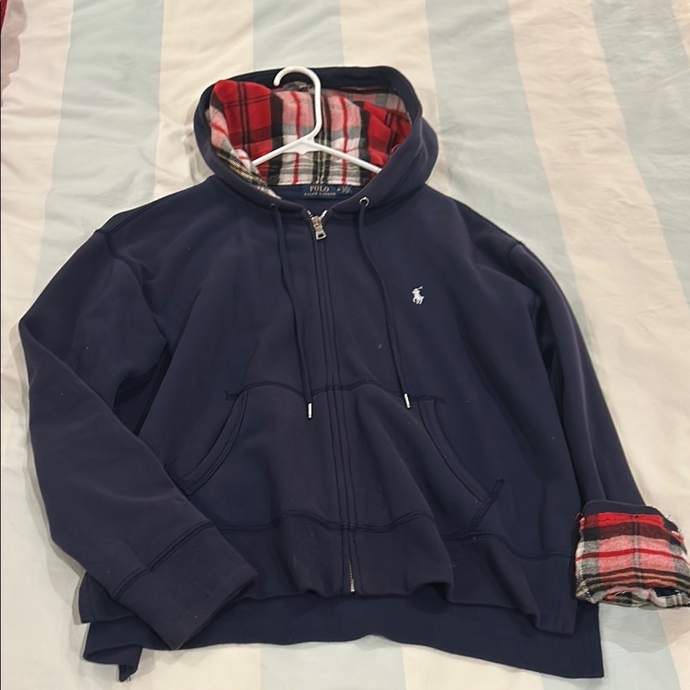Navy Blue Hoodie with Red Plaid Lining
